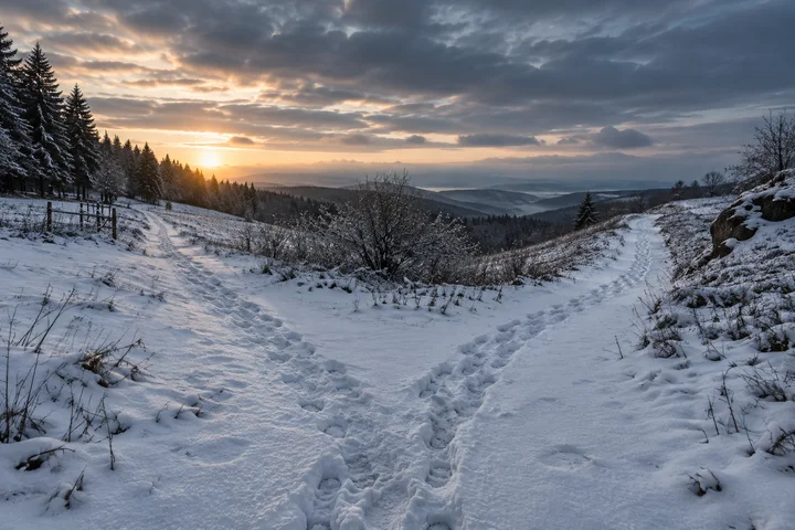 Fußspuren teilen sich auf einem verschneiten Weg zwischen Bäumen im tiefen Sonnenlicht.
